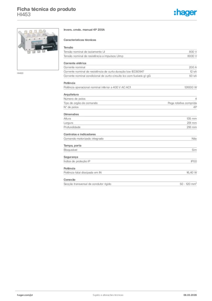 Imagem Hager Ficha técnica do produto HI453 | Hager Portugal