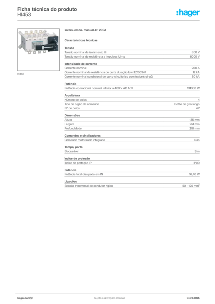Imagem Hager Ficha técnica do produto HI453 | Hager Portugal