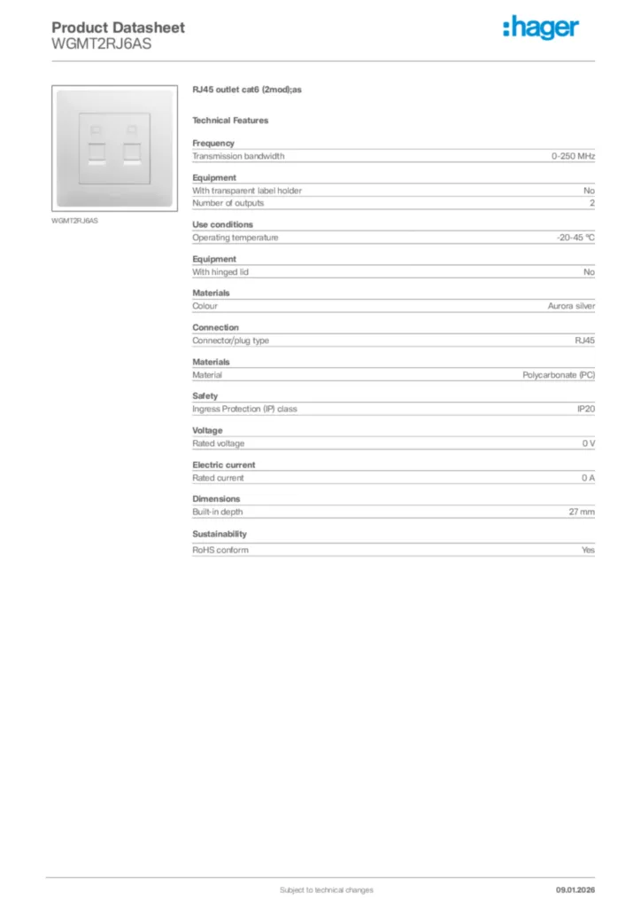 Image Hager Product data sheet WGMT2RJ6AS  | Hager