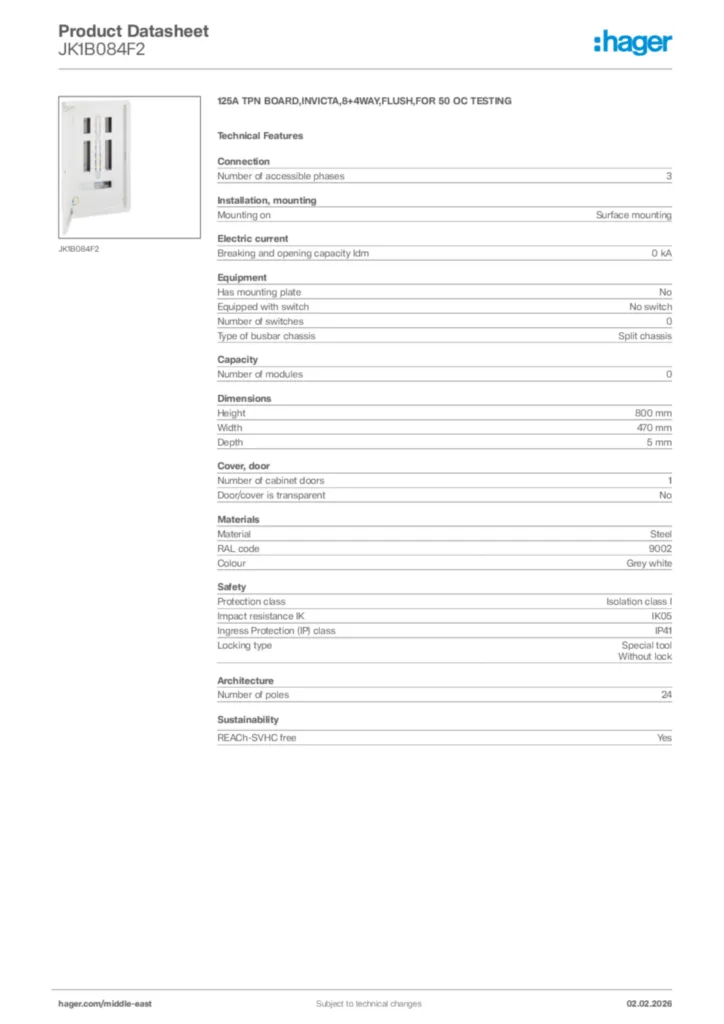Image Hager Product data sheet JK1B084F2  | Hager