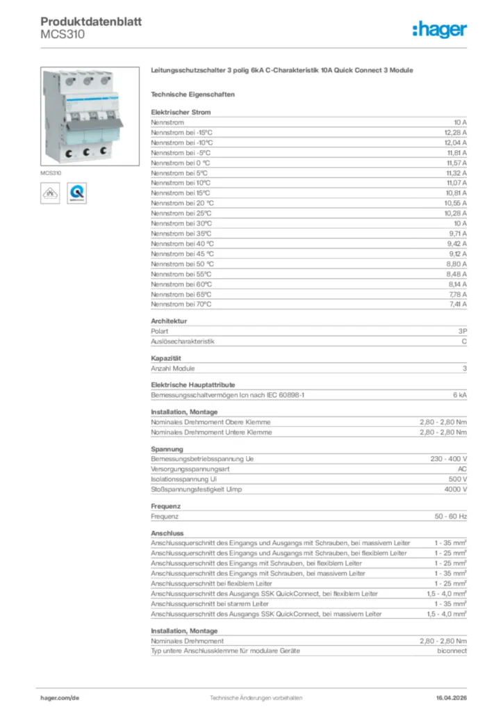 Bild Hager Produktdatenblatt MCS310 | Hager Deutschland