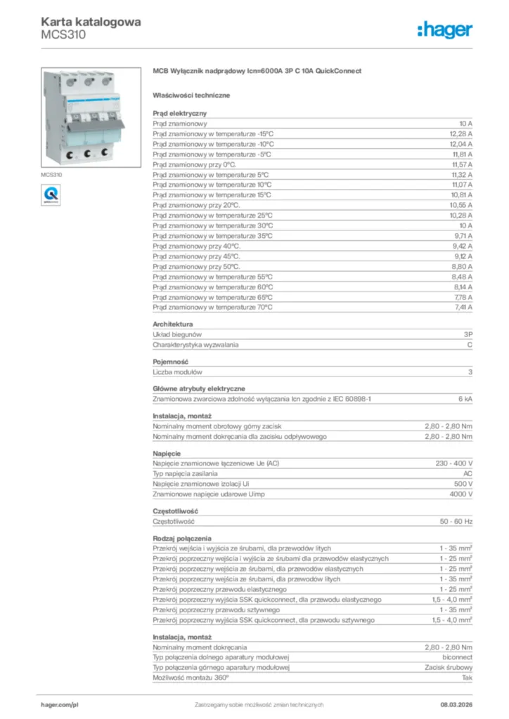 Zdjęcie Hager Karta katalogowa MCS310 | Hager Polska