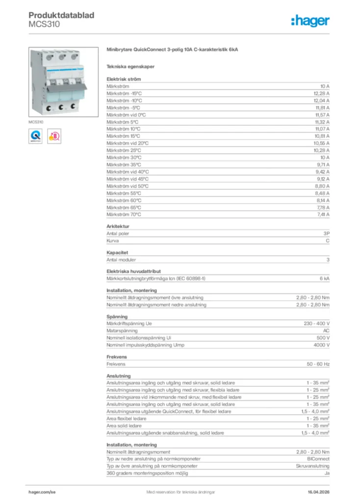 Bild Hager Produktdatablad MCS310 | Hager Sverige