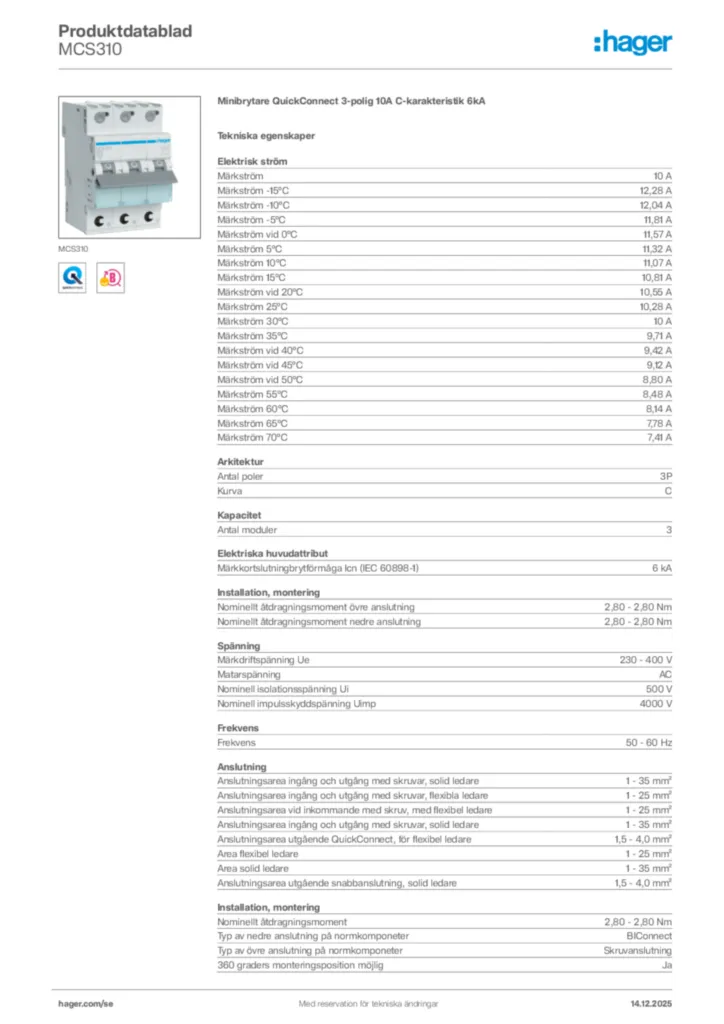 Bild Hager Produktdatablad MCS310 | Hager Sverige