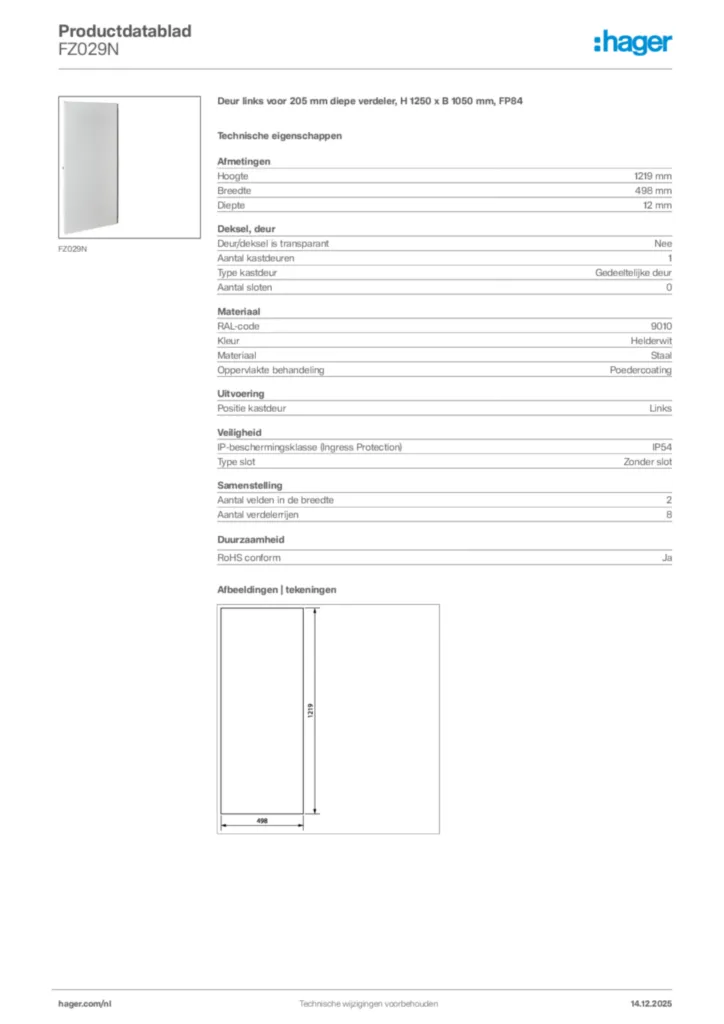 Afbeelding Hager Productdatablad FZ029N | Hager Nederland