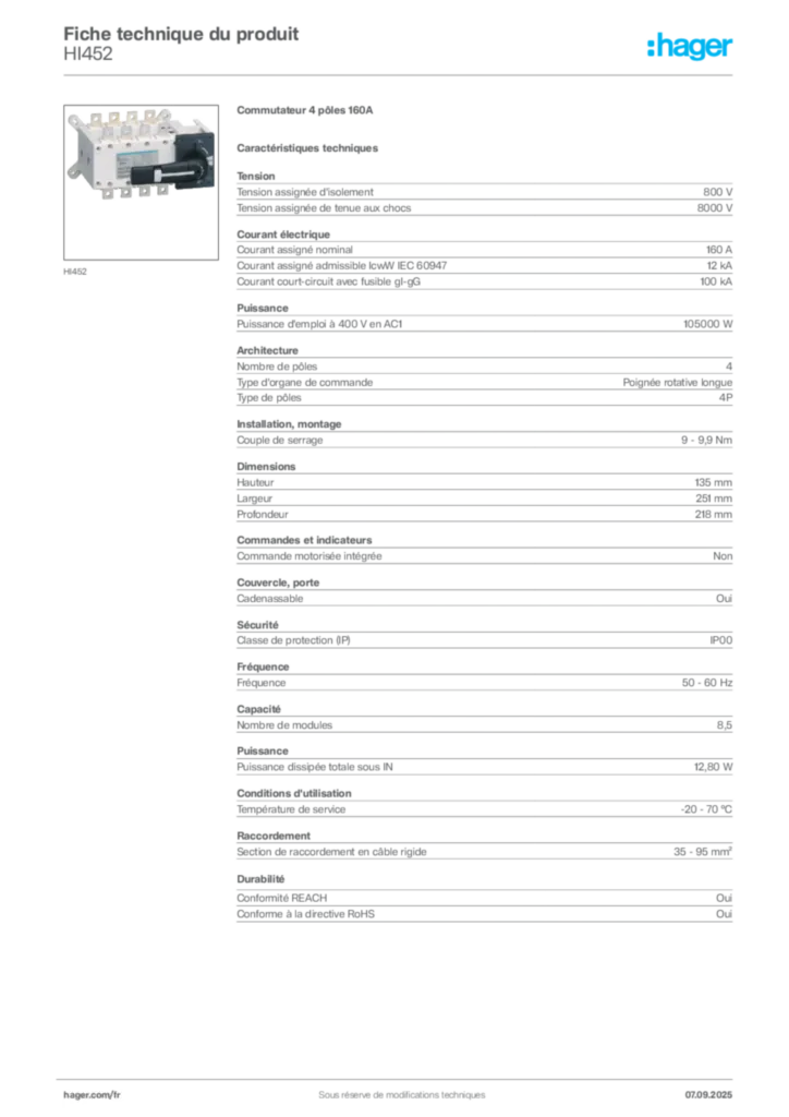 Image Hager Fiche technique du produit HI452 | Hager France