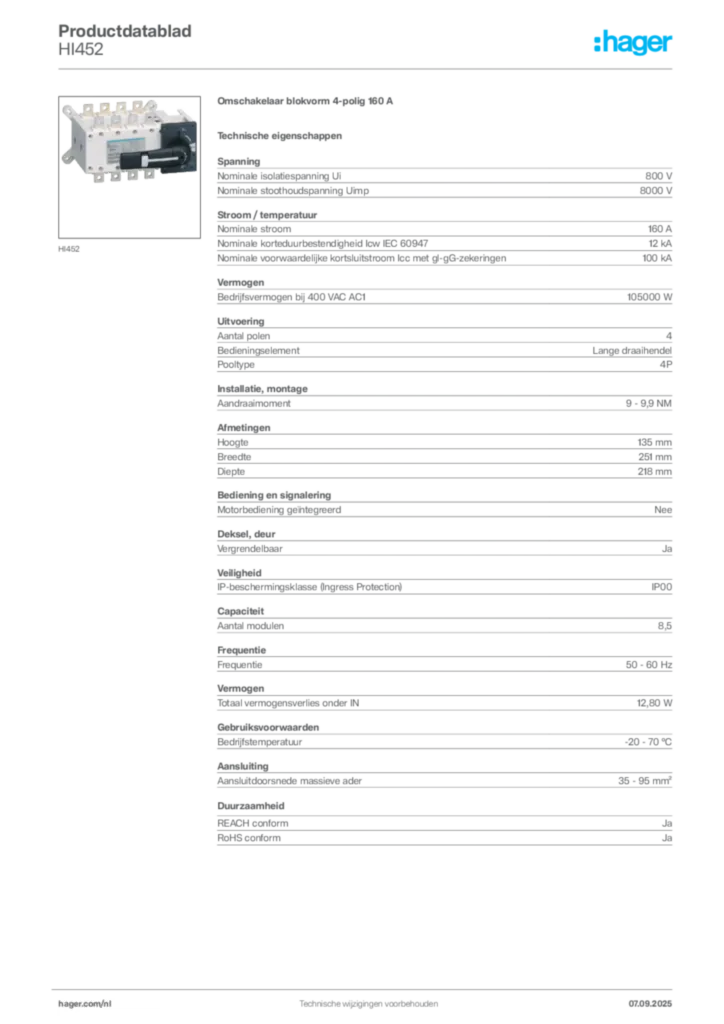Afbeelding Hager Productdatablad HI452 | Hager Nederland