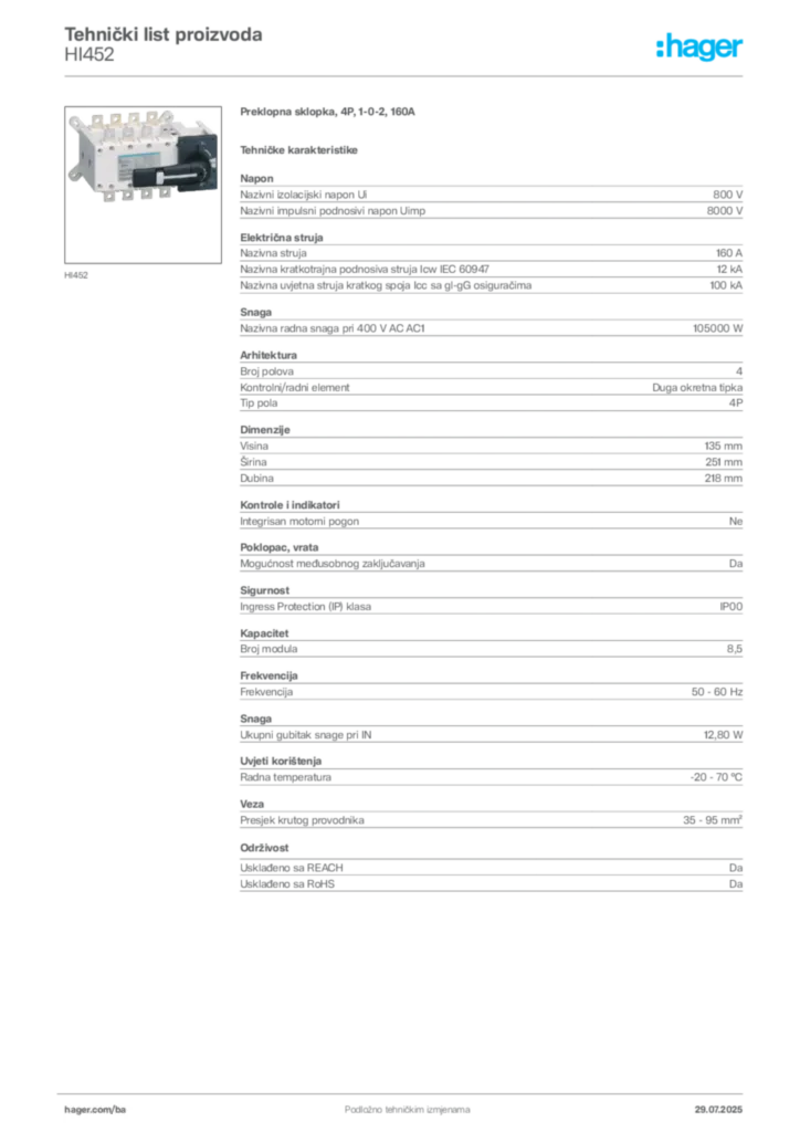 Slika Hager Product data sheet HI452  | Hager