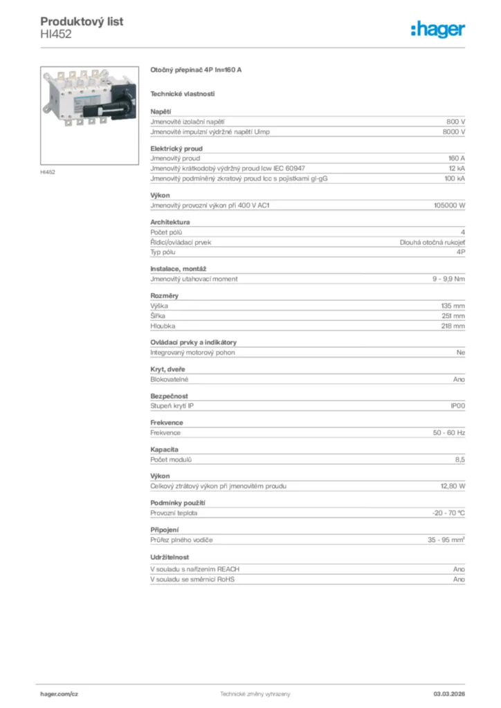 Obrázek Hager Product data sheet HI452 | Hager