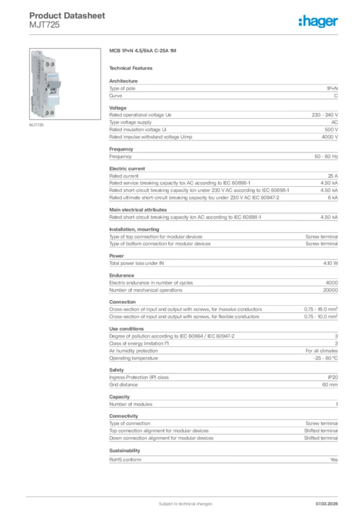 Image Hager Product data sheet MJT725  | Hager Africa