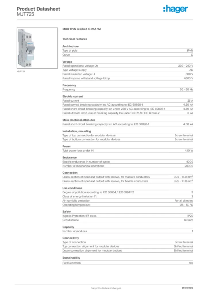 Image Hager Product data sheet MJT725  | Hager Africa