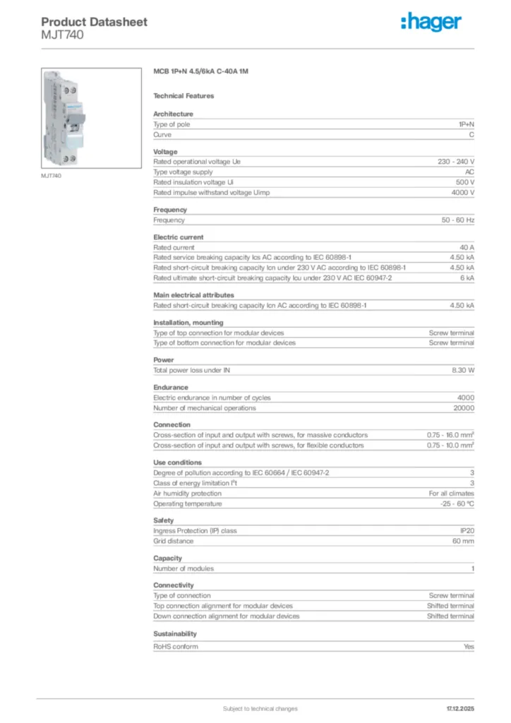 Image Hager Product data sheet MJT740  | Hager Africa