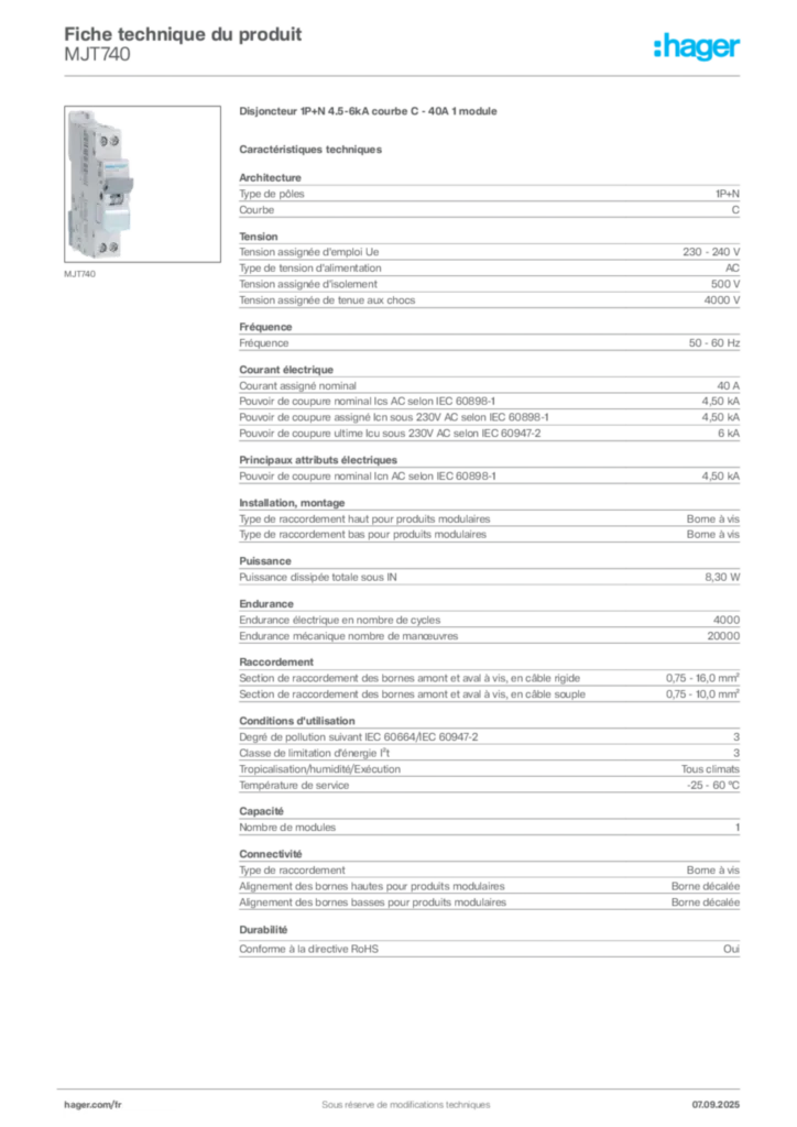 Image Hager Fiche technique du produit MJT740 | Hager France