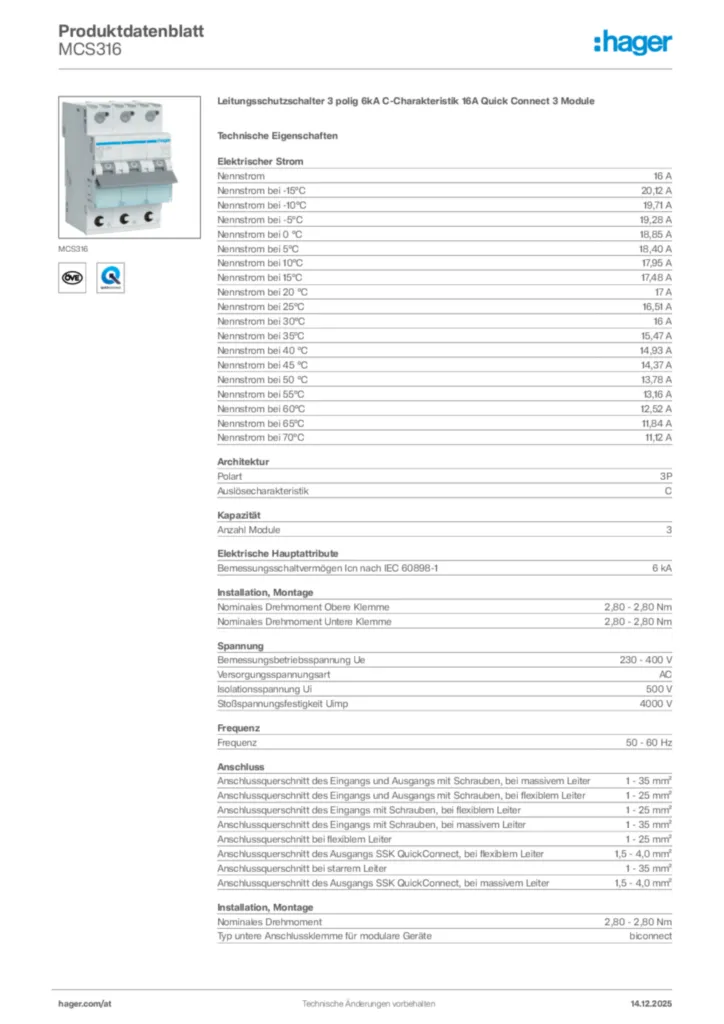 Bild Hager Produktdatenblatt MCS316 | Hager Deutschland