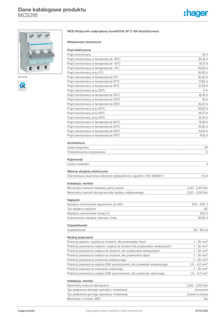Zdjęcie Hager Karta katalogowa MCS316 | Hager Polska