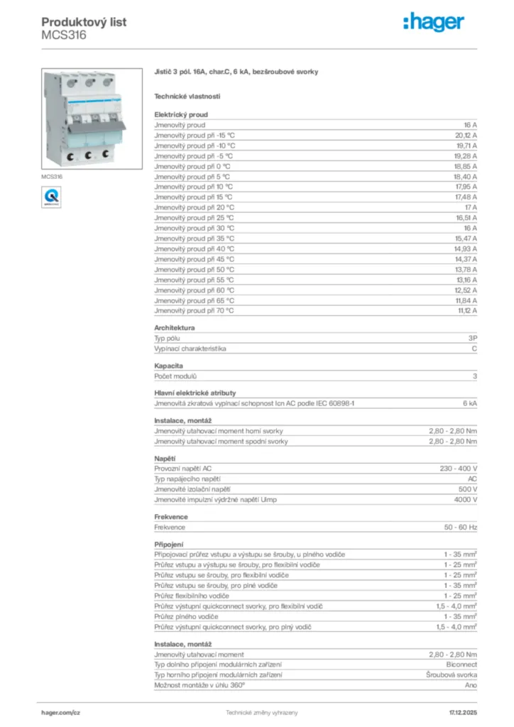Obrázek Hager Produktový list MCS316 | Hager