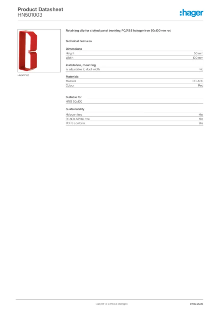Image Hager Product data sheet HN501003  | Hager Africa