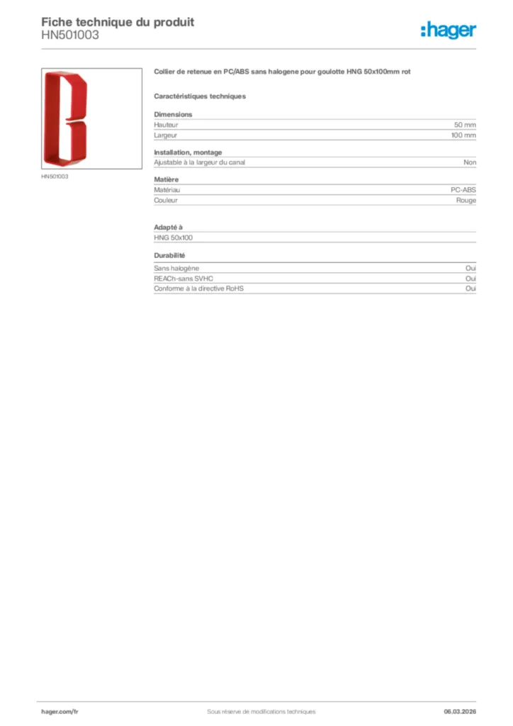 Image Hager Fiche technique du produit HN501003 | Hager France