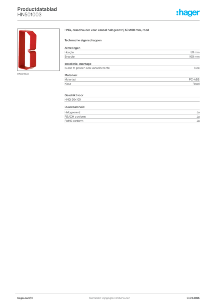Afbeelding Hager Productdatablad HN501003 | Hager Nederland