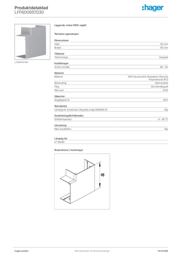 Bild Hager Produktdatablad LFF600957030 | Hager Sverige