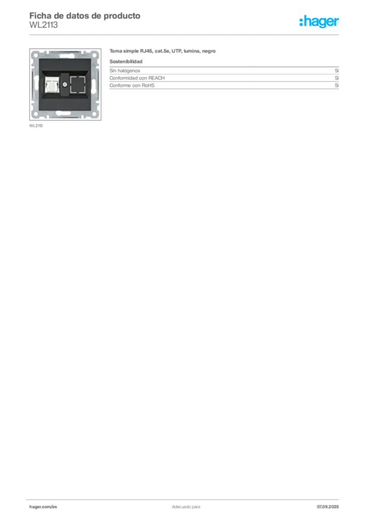 Imagen Hager Ficha de datos de producto WL2113 | Hager España