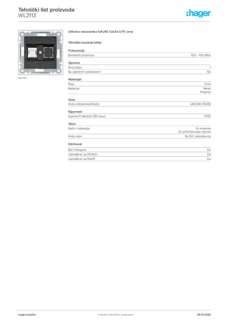 Slika Hager Product data sheet WL2113  | Hager