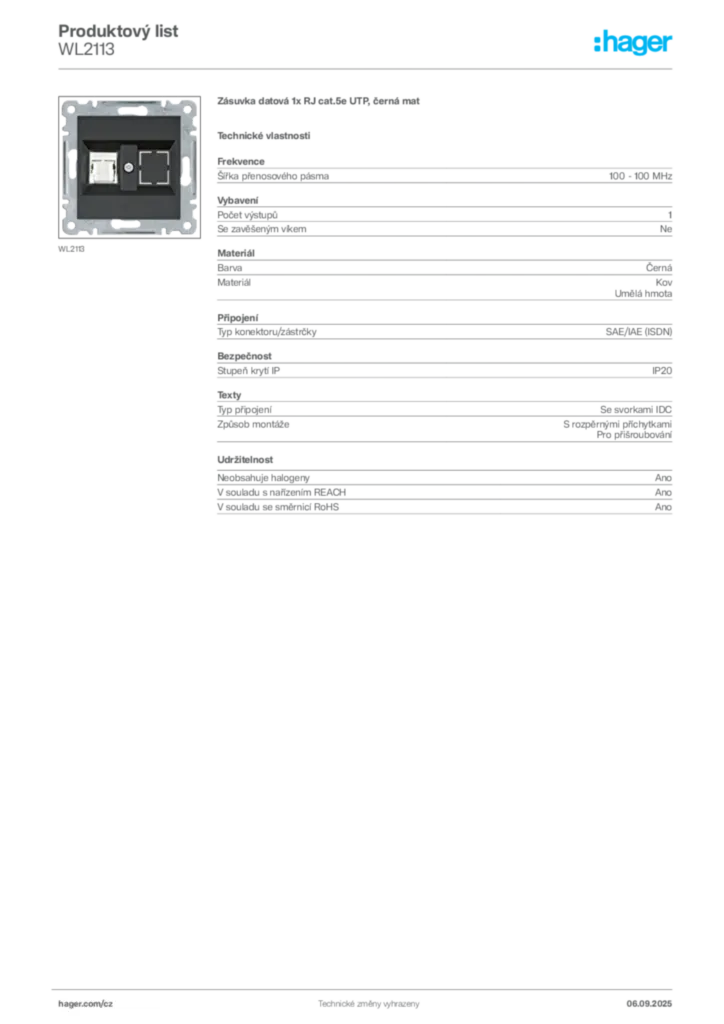 Obrázek Hager Produktový list WL2113 | Hager