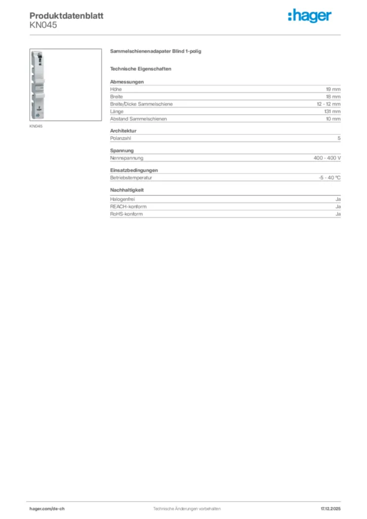 Bild Hager Produktdatenblatt KN045 | Hager Schweiz