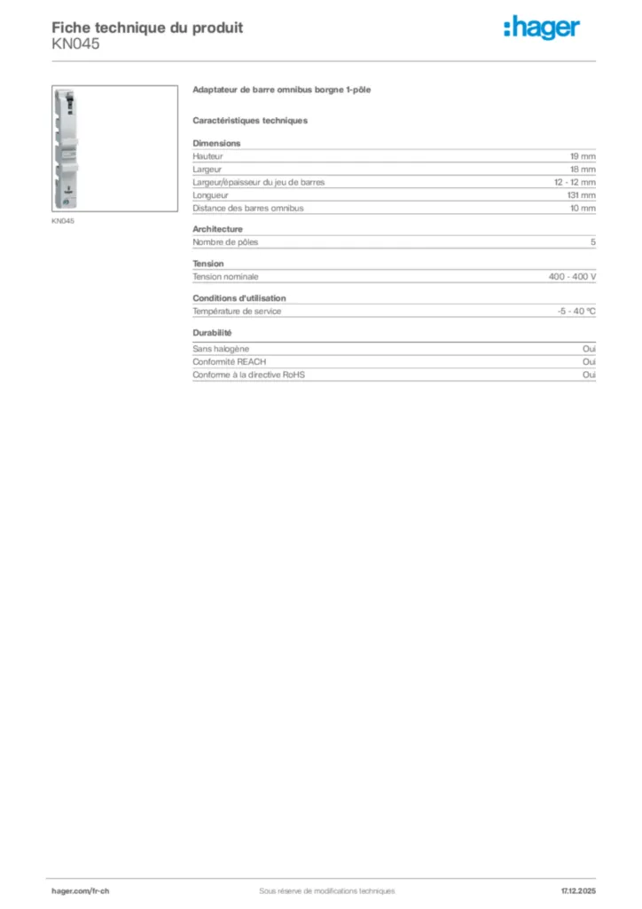 Image Hager Fiche technique du produit KN045 | Hager Suisse