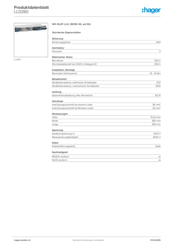 Bild Hager Produktdatenblatt LLD260 | Hager Schweiz