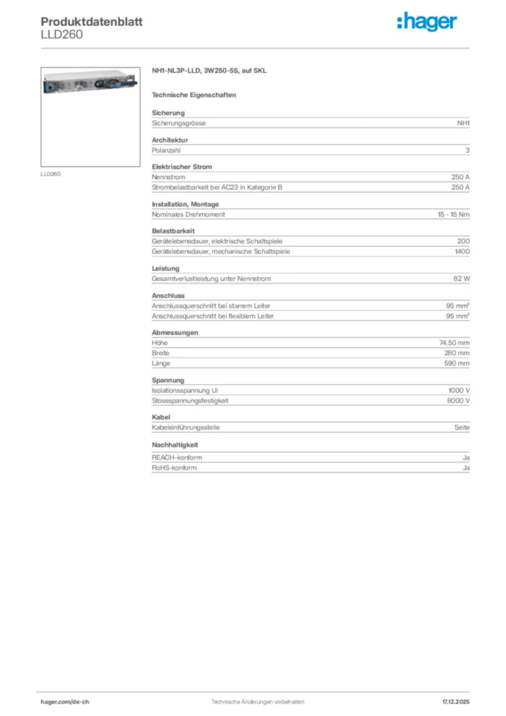 Bild Hager Produktdatenblatt LLD260 | Hager Schweiz