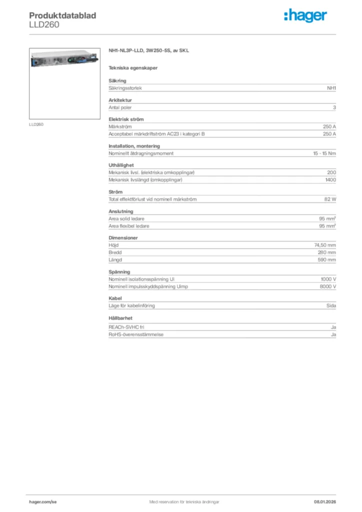 Bild Hager Produktdatablad LLD260 | Hager Sverige