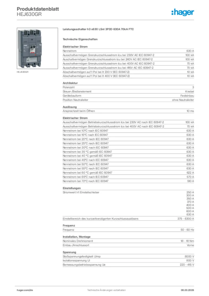 Bild Hager Produktdatenblatt HEJ630GR | Hager Deutschland