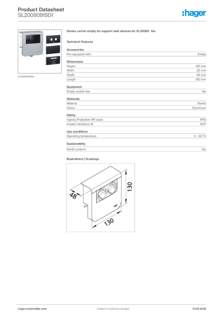 Image Hager Product data sheet SL20080915D1  | Hager