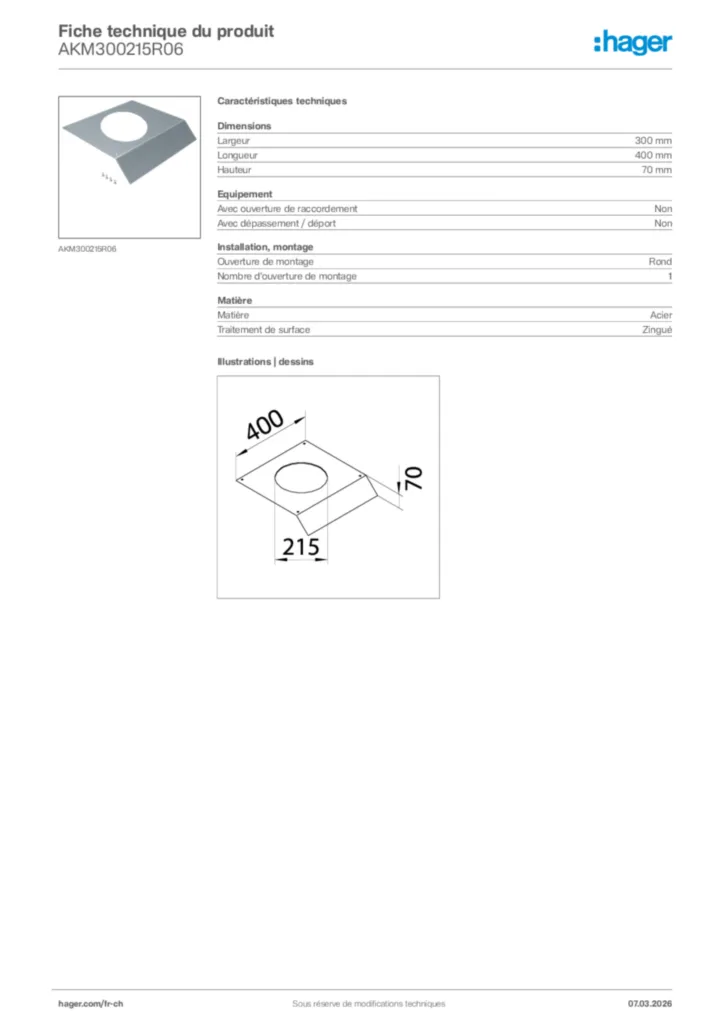 Image Hager Fiche technique du produit AKM300215R06 | Hager Suisse