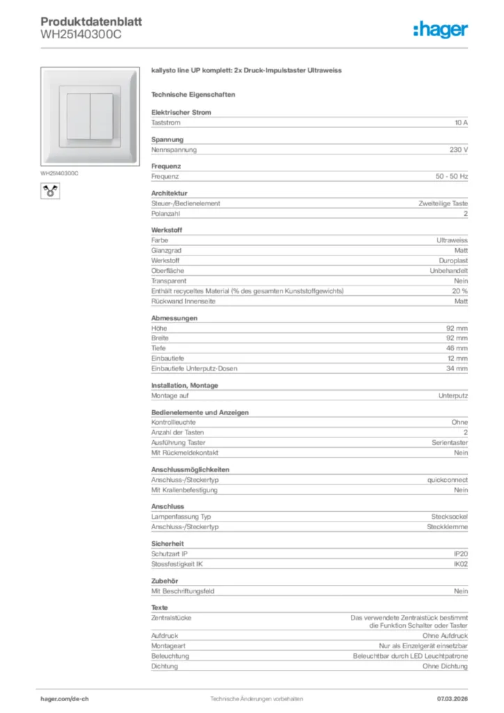 Bild Hager Produktdatenblatt WH25140300C | Hager Schweiz