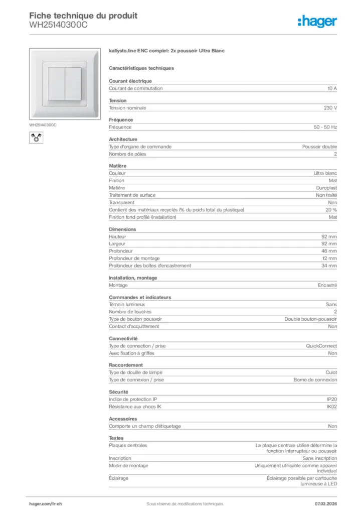 Image Hager Fiche technique du produit WH25140300C | Hager Suisse