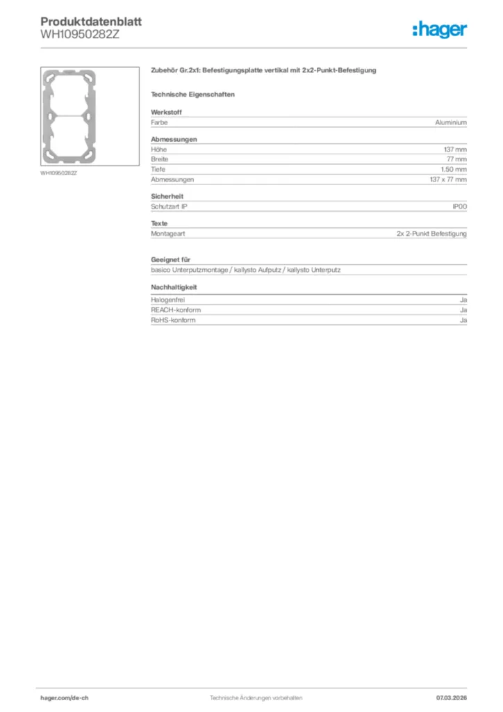 Bild Hager Produktdatenblatt WH10950282Z | Hager Schweiz