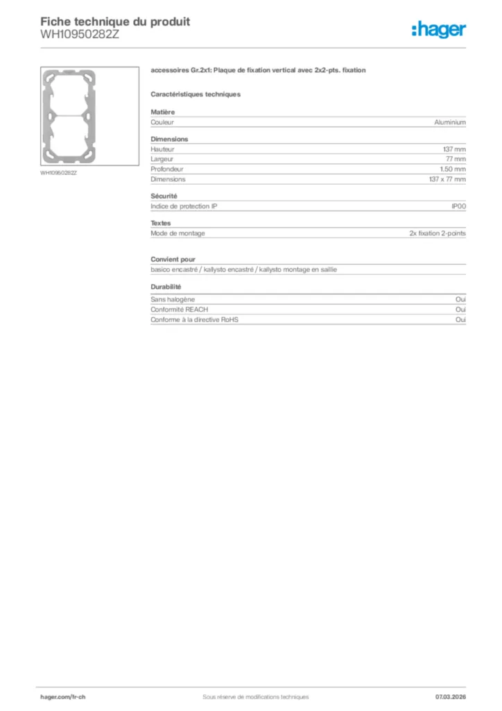 Image Hager Fiche technique du produit WH10950282Z | Hager Suisse