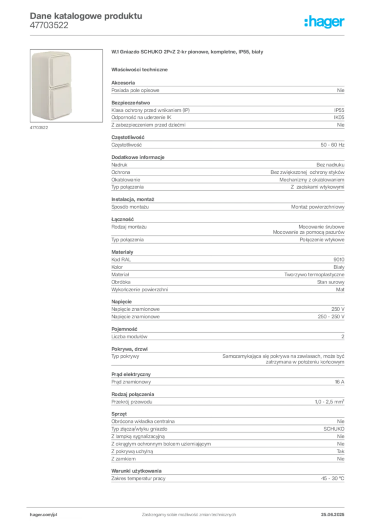 Zdjęcie Hager Karta katalogowa 47703522 | Hager Polska