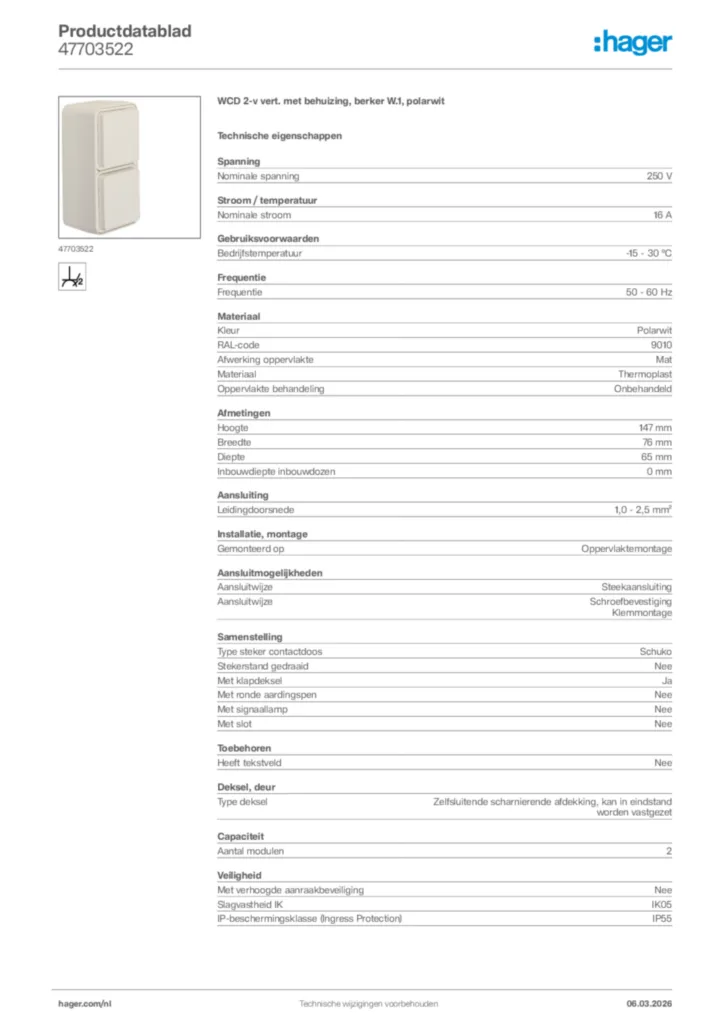 Afbeelding Hager Productdatablad 47703522 | Hager Nederland
