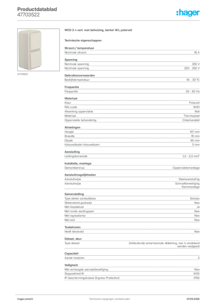 Afbeelding Hager Productdatablad 47703522 | Hager Nederland