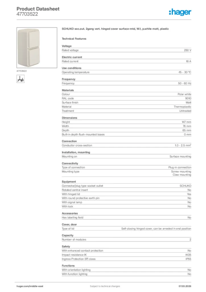 Image Hager Product data sheet 47703522  | Hager