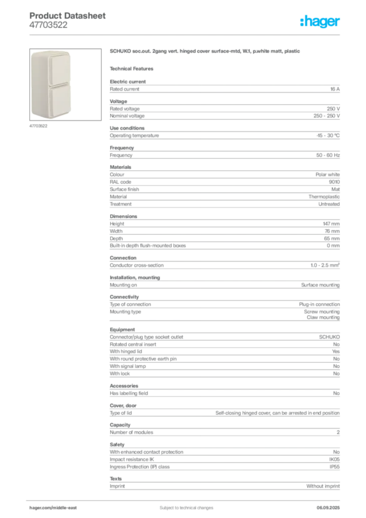 Image Hager Product data sheet 47703522  | Hager