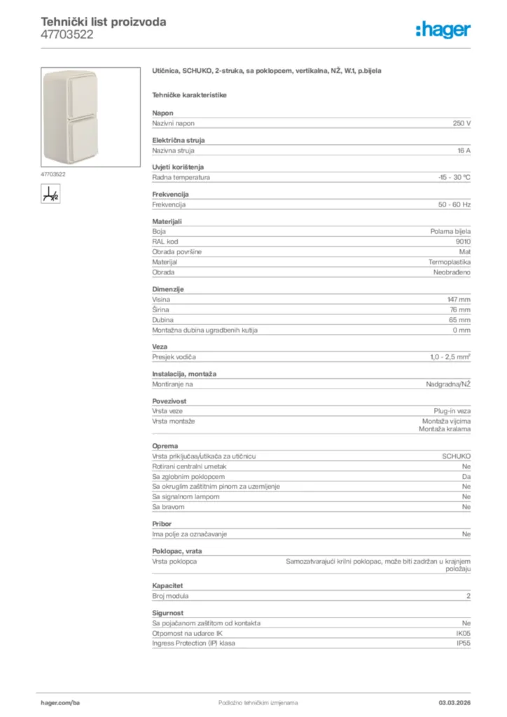 Slika Hager Tehnički list proizvoda 47703522  | Hager