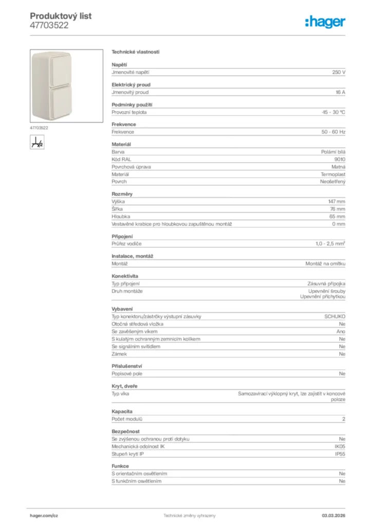 Obrázek Hager Product data sheet 47703522 | Hager