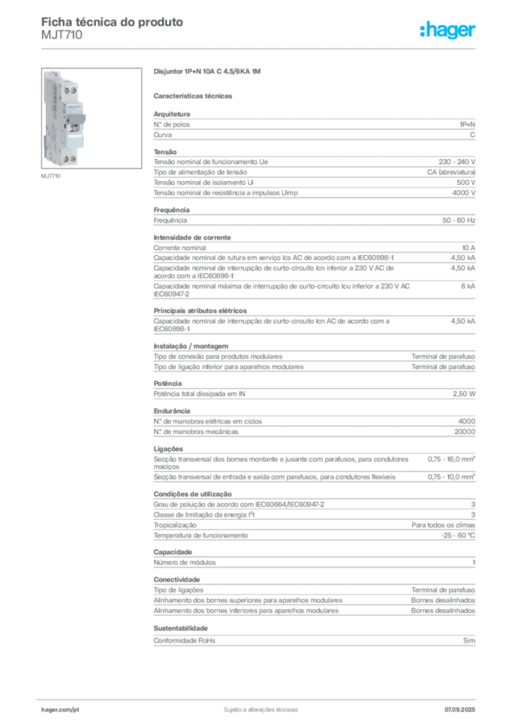 Imagem Hager Ficha técnica do produto MJT710 | Hager Portugal