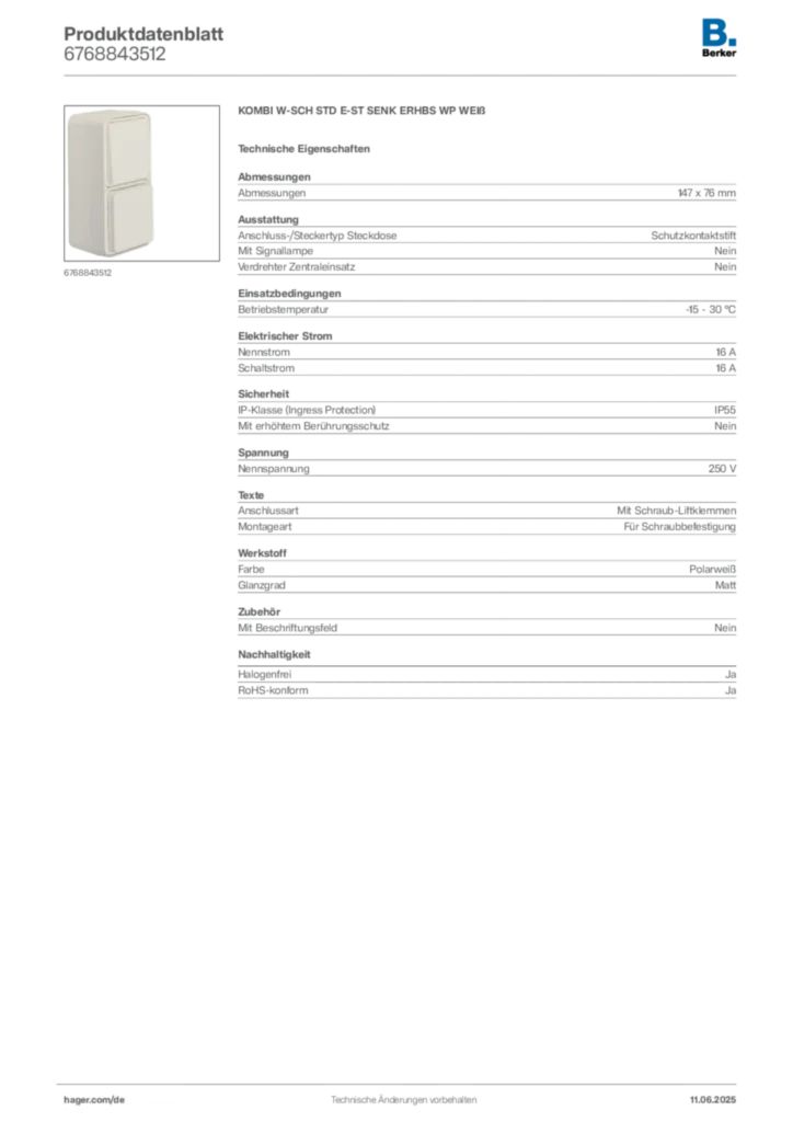 Bild Berker Produktdatenblatt 6768843512 | Hager Deutschland