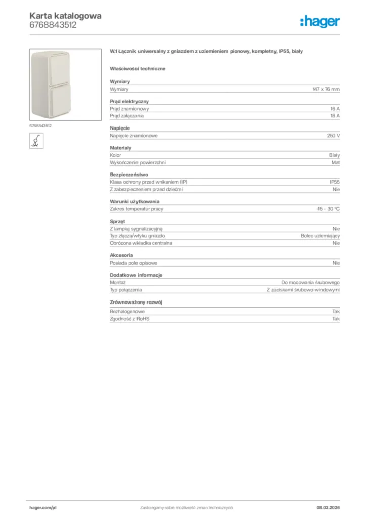 Zdjęcie Hager Karta katalogowa 6768843512 | Hager Polska
