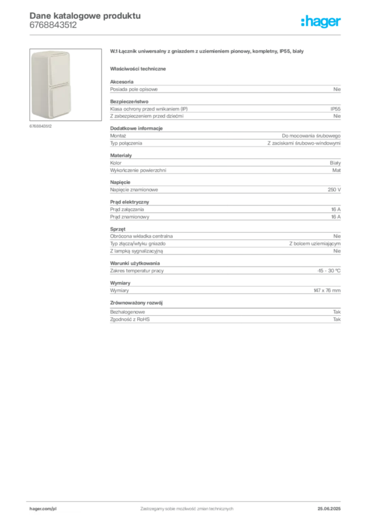 Zdjęcie Hager Karta katalogowa 6768843512 | Hager Polska